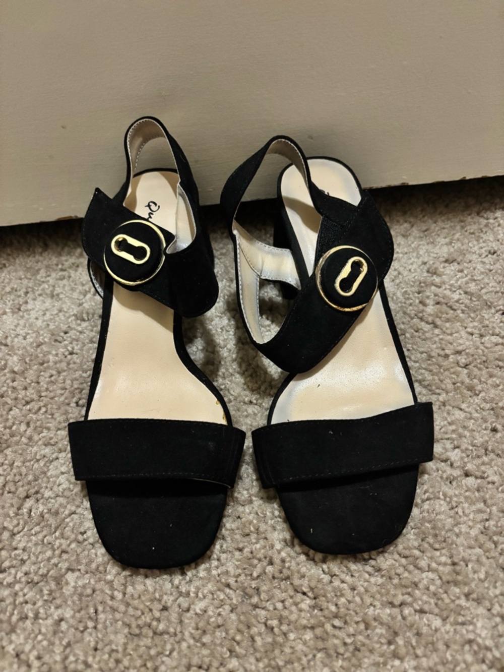 Qupid Black Suede Slingback Sandals with Gold Buckle